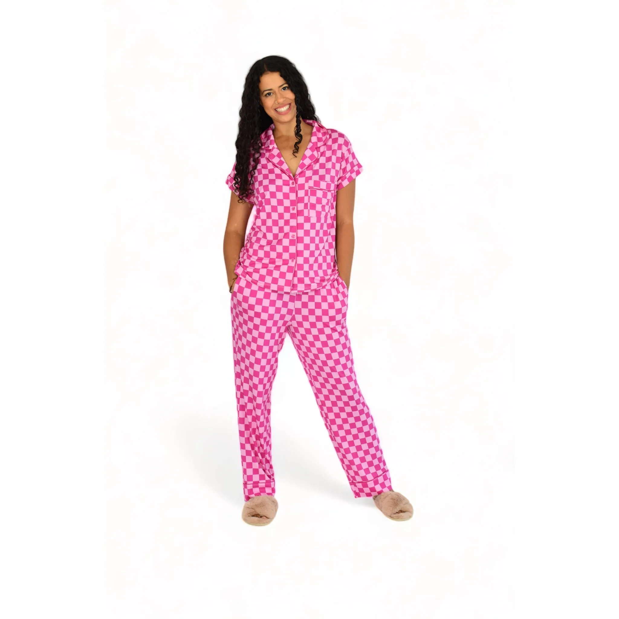 Luna Pink Checkered Pajamas Short Sleeve Long Pants Set sold by Cozy Ups