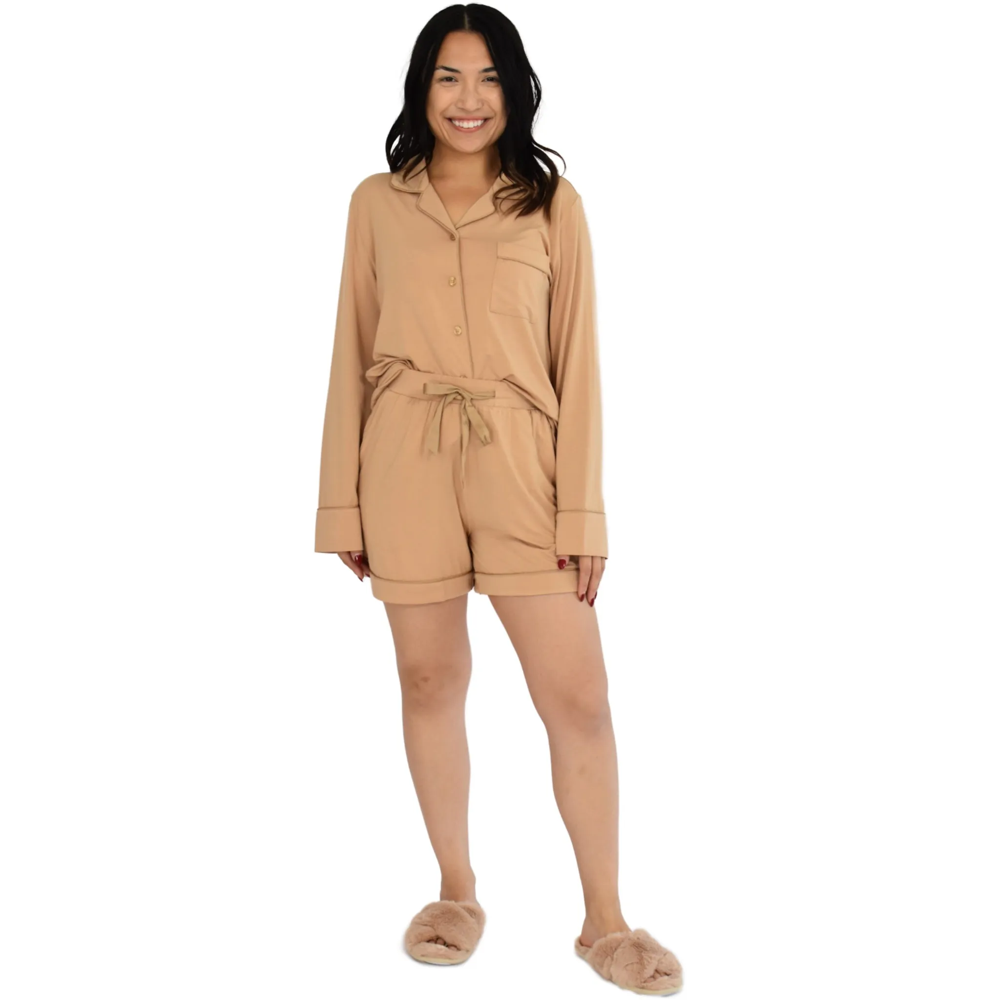 Quinn Neutral Ginger Pajamas Long Sleeve Short Set sold by Cozy Ups