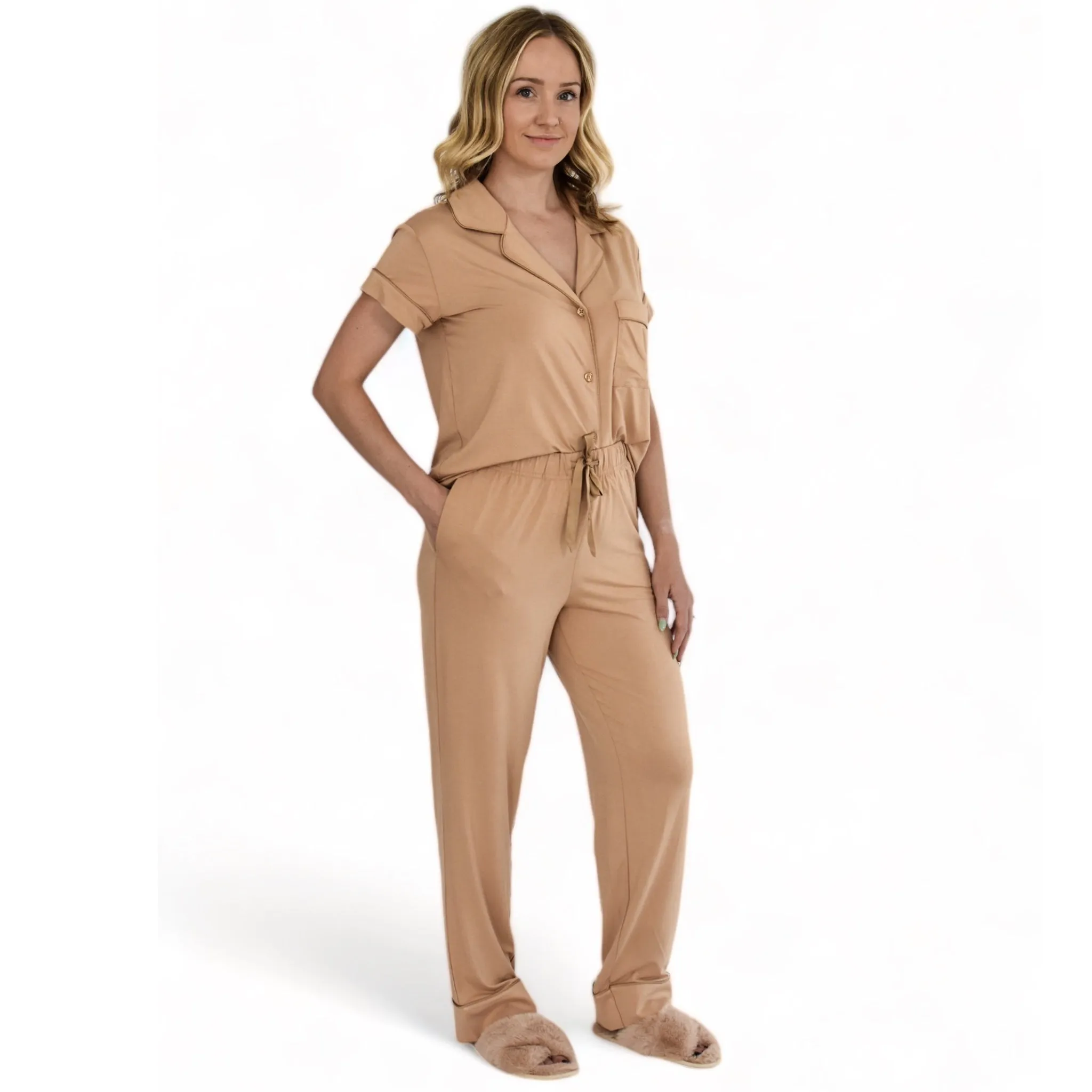 Luna Neutral Ginger Pajamas Short Sleeve Long Pants Set sold by Cozy Ups product image thumbnail 3