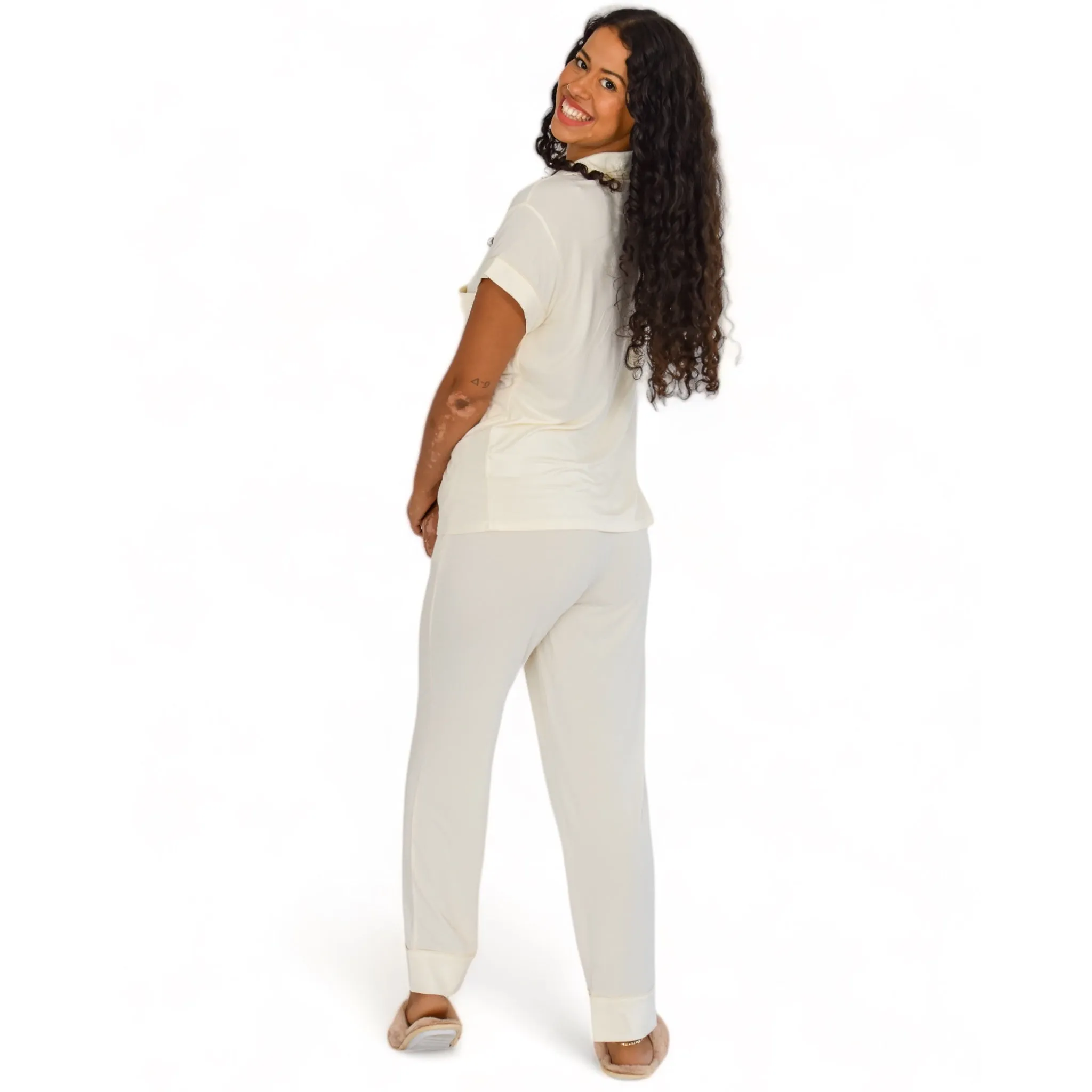 Luna White Pajama Short Sleeve Long Pants Set sold by Cozy Ups product image thumbnail 3