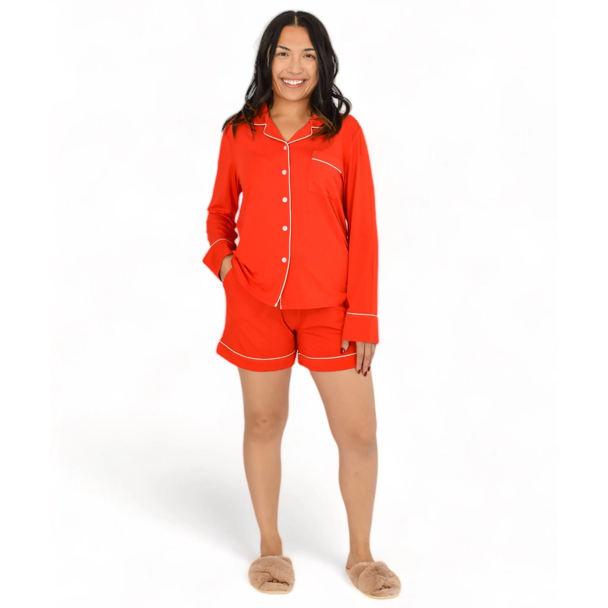 Quinn Fiery Red Pajama Long Sleeve Short Set sold by Cozy Ups