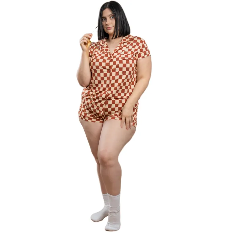 Remi Neutral Checkered Short Sleeve Pajamas sold by Cozy Ups