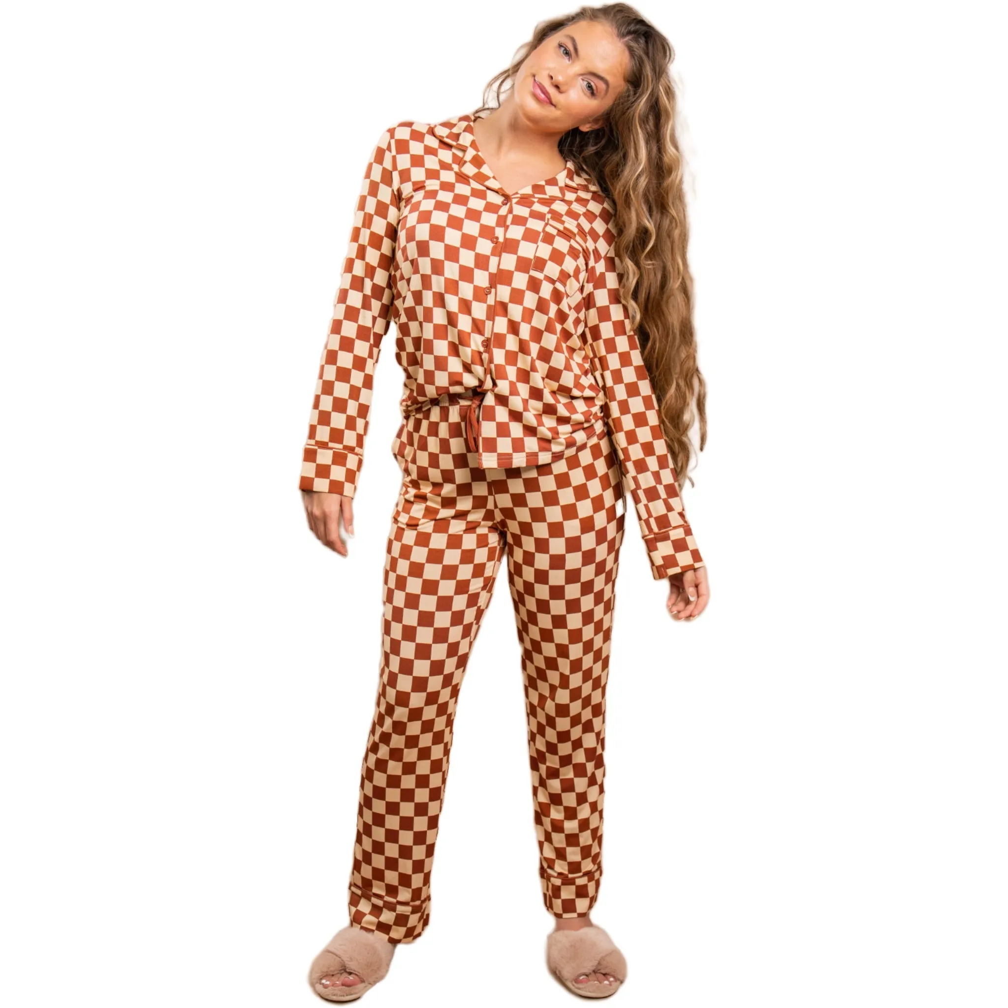 Catherine Neutral Checkered Long Sleeve Pajama Set sold by Cozy Ups