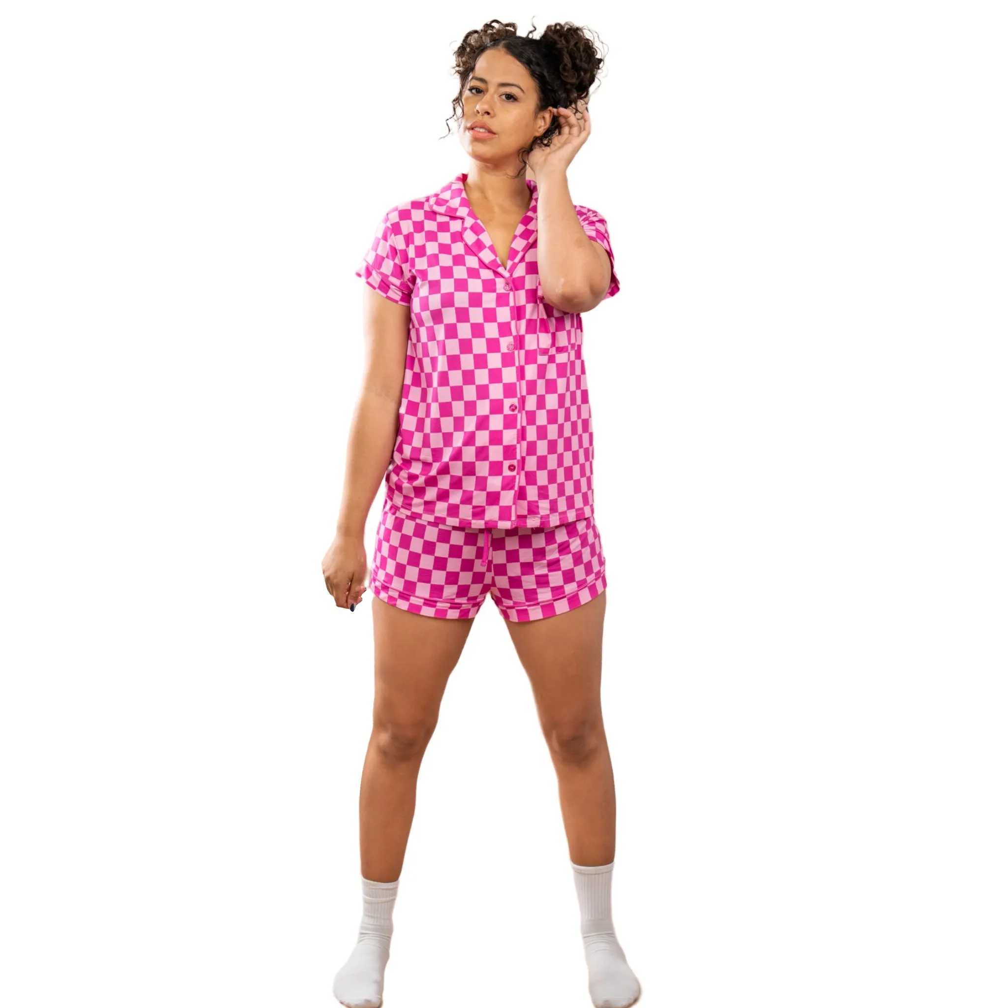 Remi Pink Checkered Short Sleeve Pajamas sold by Cozy Ups