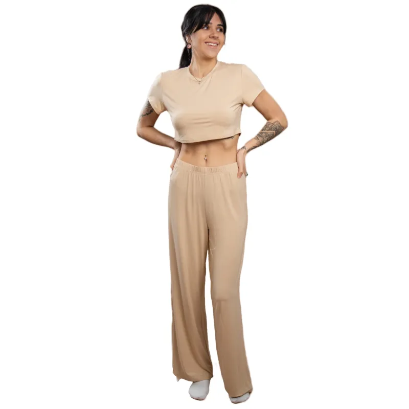 Camille Nude Crop Top & Flowy Pant Set sold by Cozy Ups