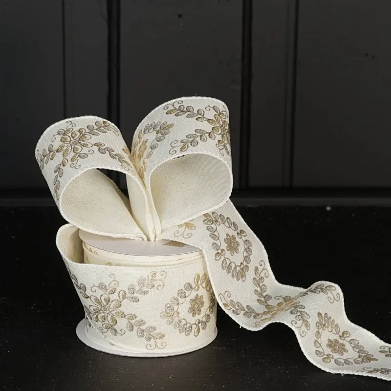 R32928-Wired Ribbon-Cream Burlap w. golden leaves (2.5inW) sold by Detailed Threads Boutique