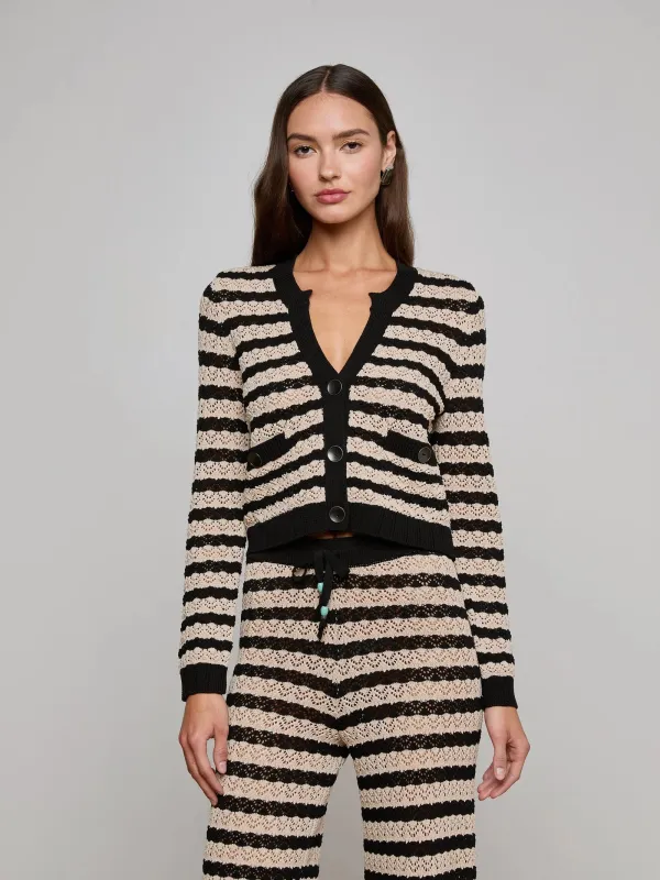 L'agence - Orla Pointelle Knit Cardigan - Black/Natural Stripe made by L'AGENCE