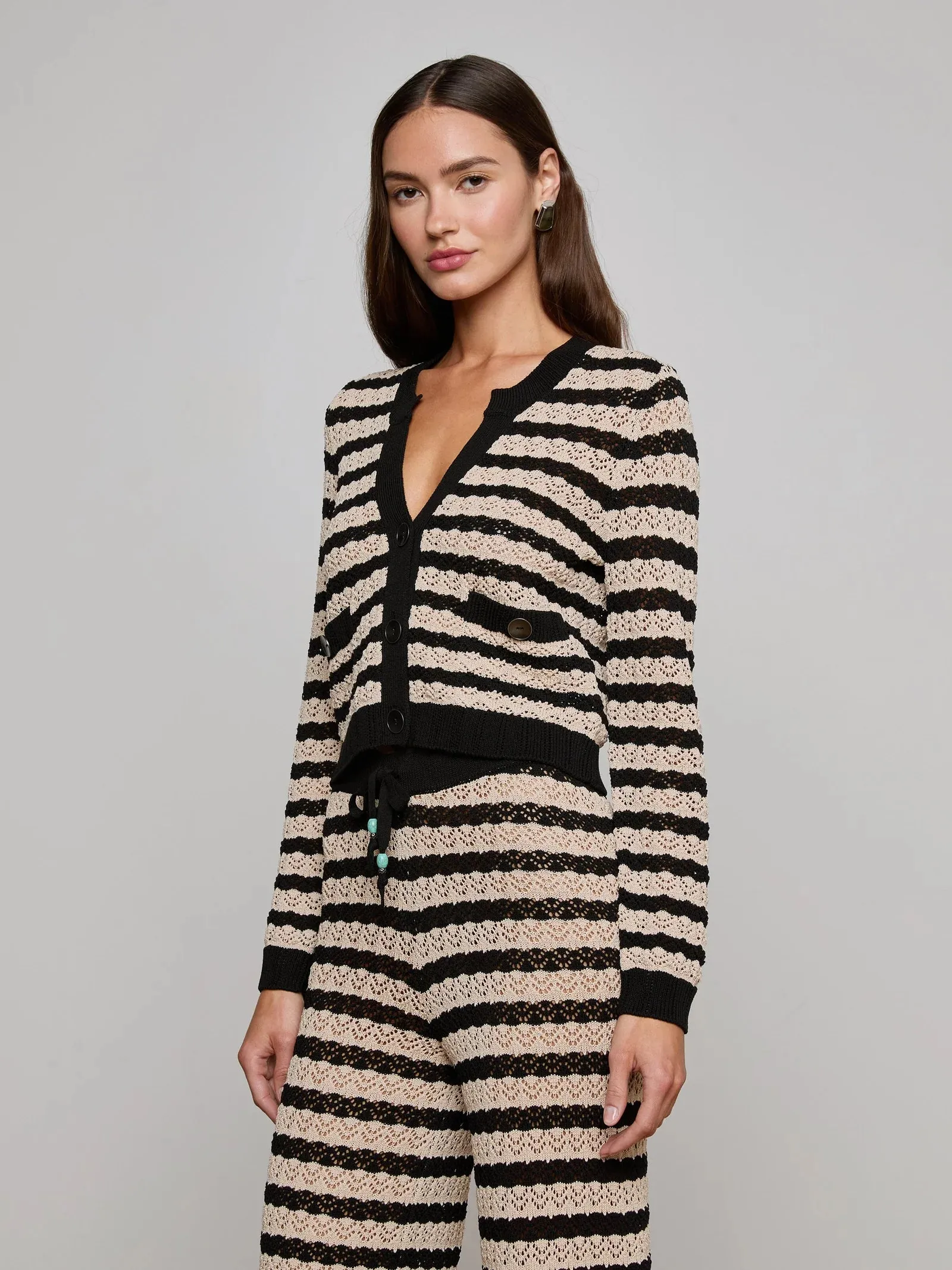 L'agence - Orla Pointelle Knit Cardigan - Black/Natural Stripe sold by Jessie Boutique product image thumbnail 2