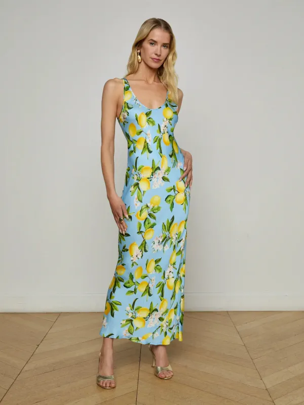 L'agence - Akiya Satin Maxi Dress - Sky Blue/Yellow Floral Lemon sold by Jessie Boutique