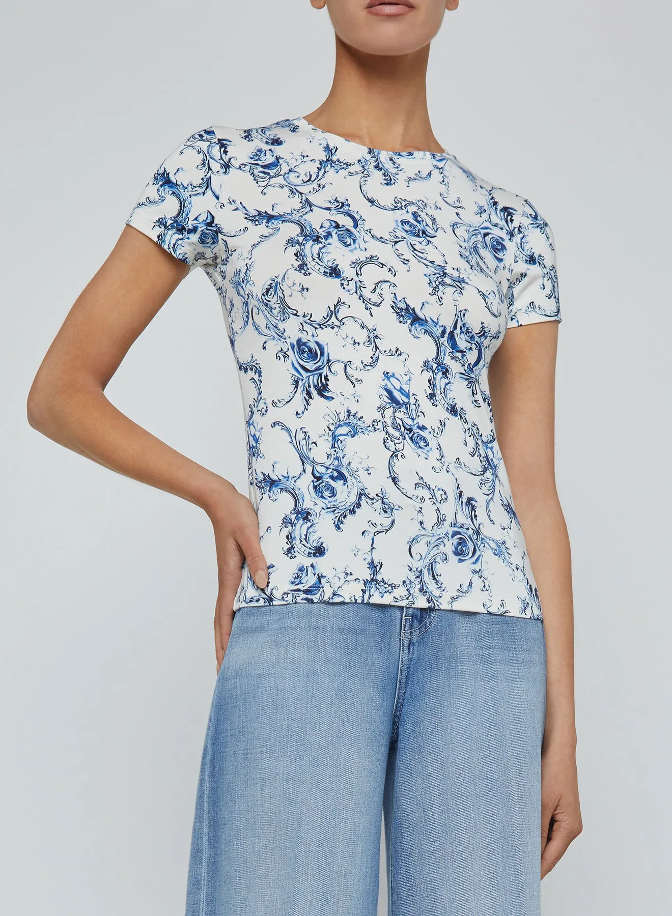 L'agence - Ressi Crew Neck - White/Blue Baroque Swirl sold by Jessie Boutique