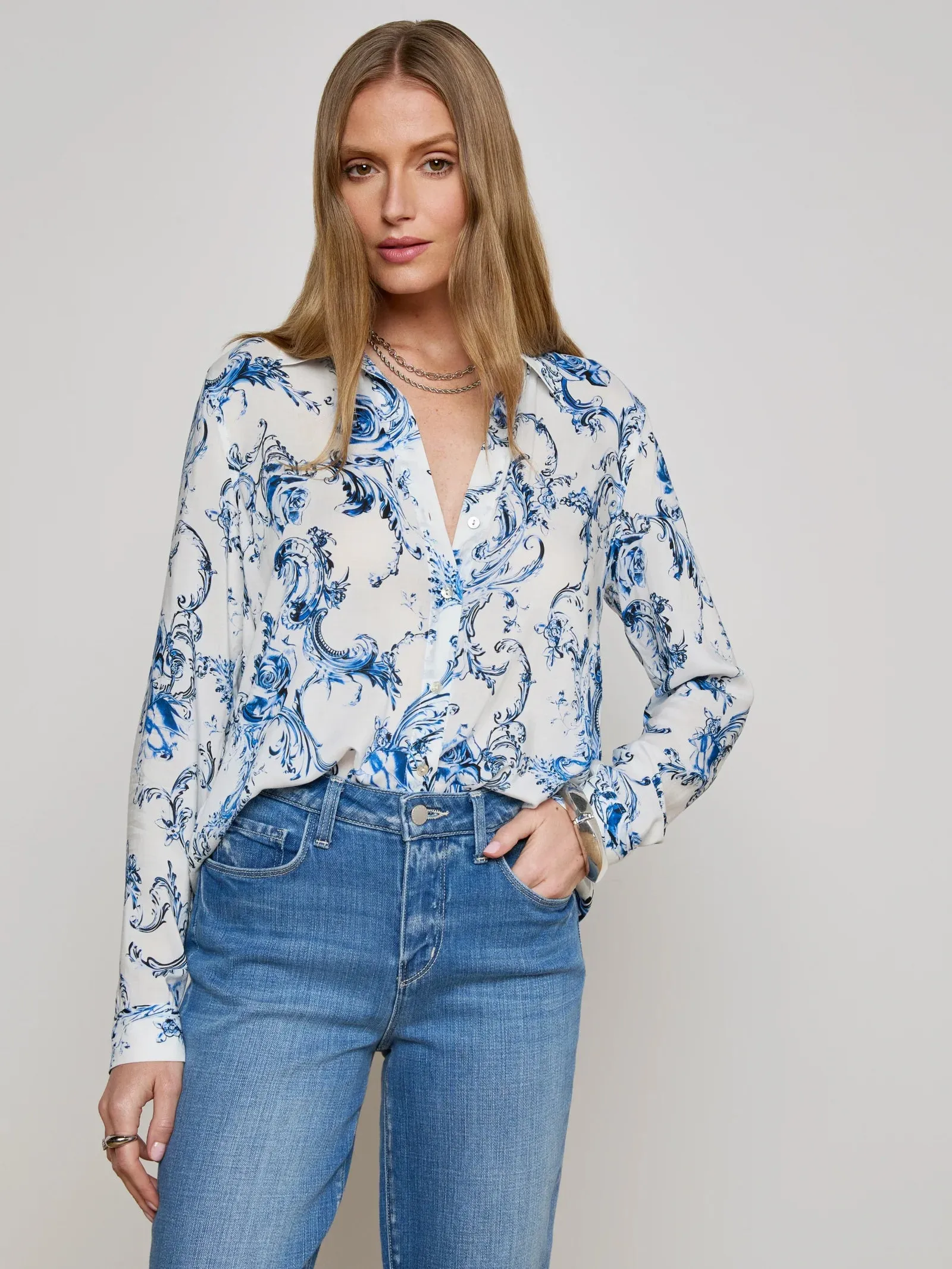 L'agence - Holly Blouse - White/Blue Baroque Swirl sold by Jessie Boutique product image thumbnail 2