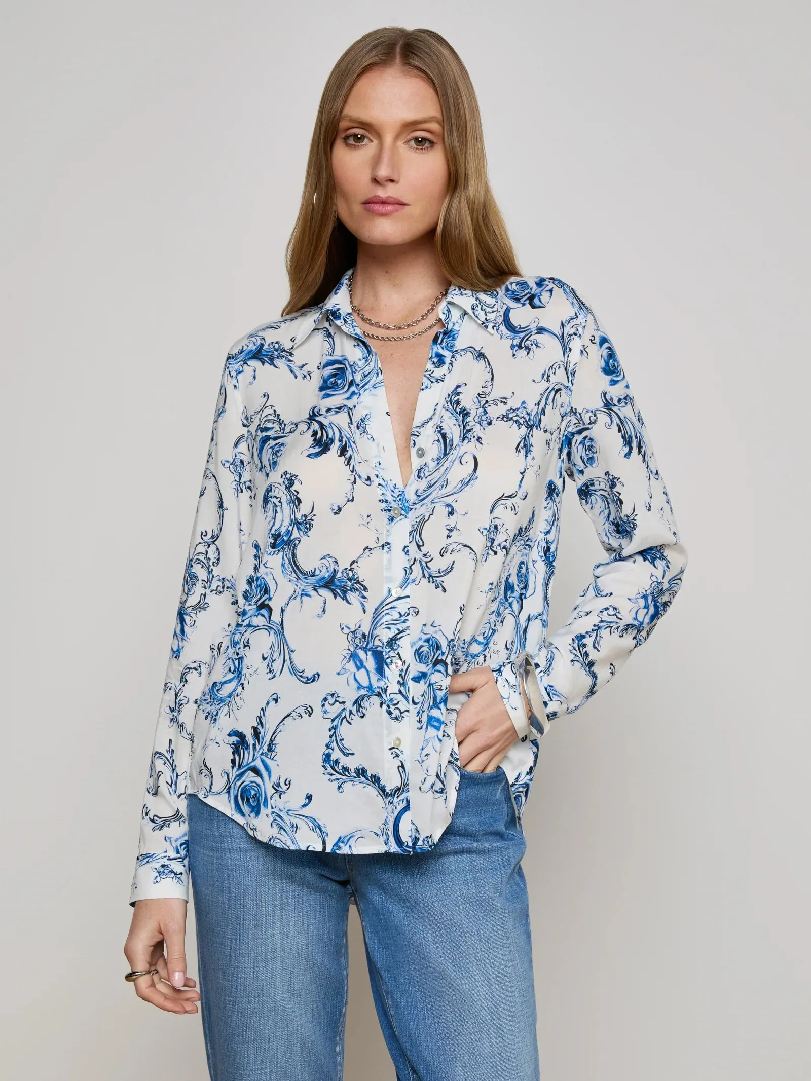 L'agence - Holly Blouse - White/Blue Baroque Swirl sold by Jessie Boutique
