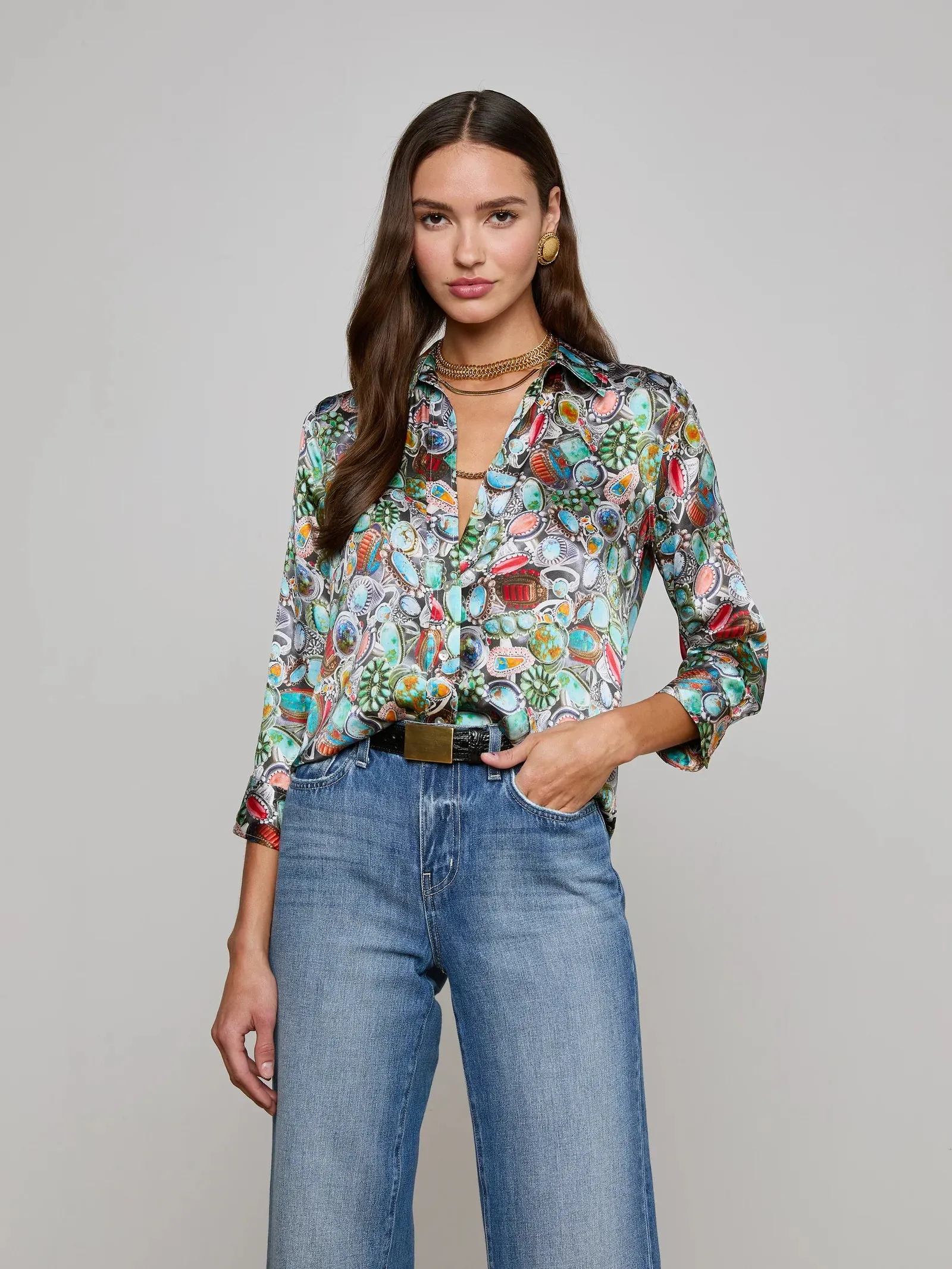 L'agence - Dani Silk Blouse - Multi Mix Turquoise Rings sold by Jessie Boutique
