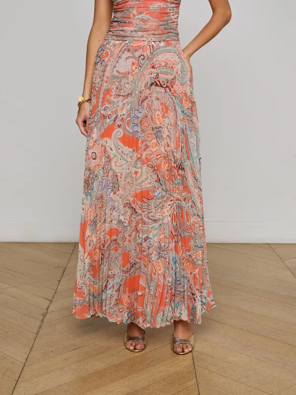 L'agence - Torin Pleated Maxi Skirt - Orange/Light Blue Traditional Paisley made by L'AGENCE