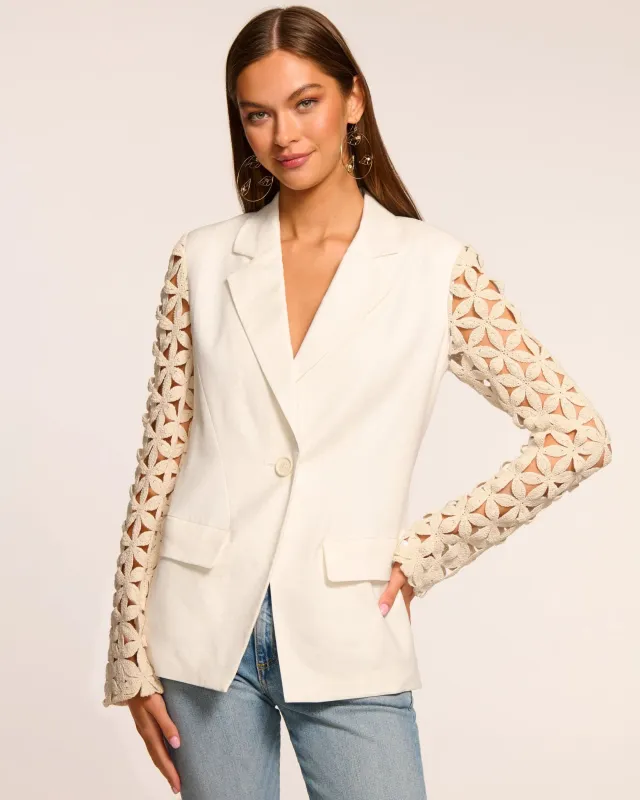 Ramy Brook - Kelsey Embellished Linen Blazer - White Floral sold by Jessie Boutique