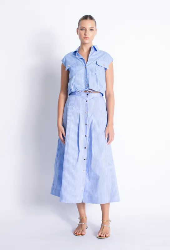 Karina Grimaldi - Eden Button Down Skirt - Blue Stripes made by Karina Grimaldi