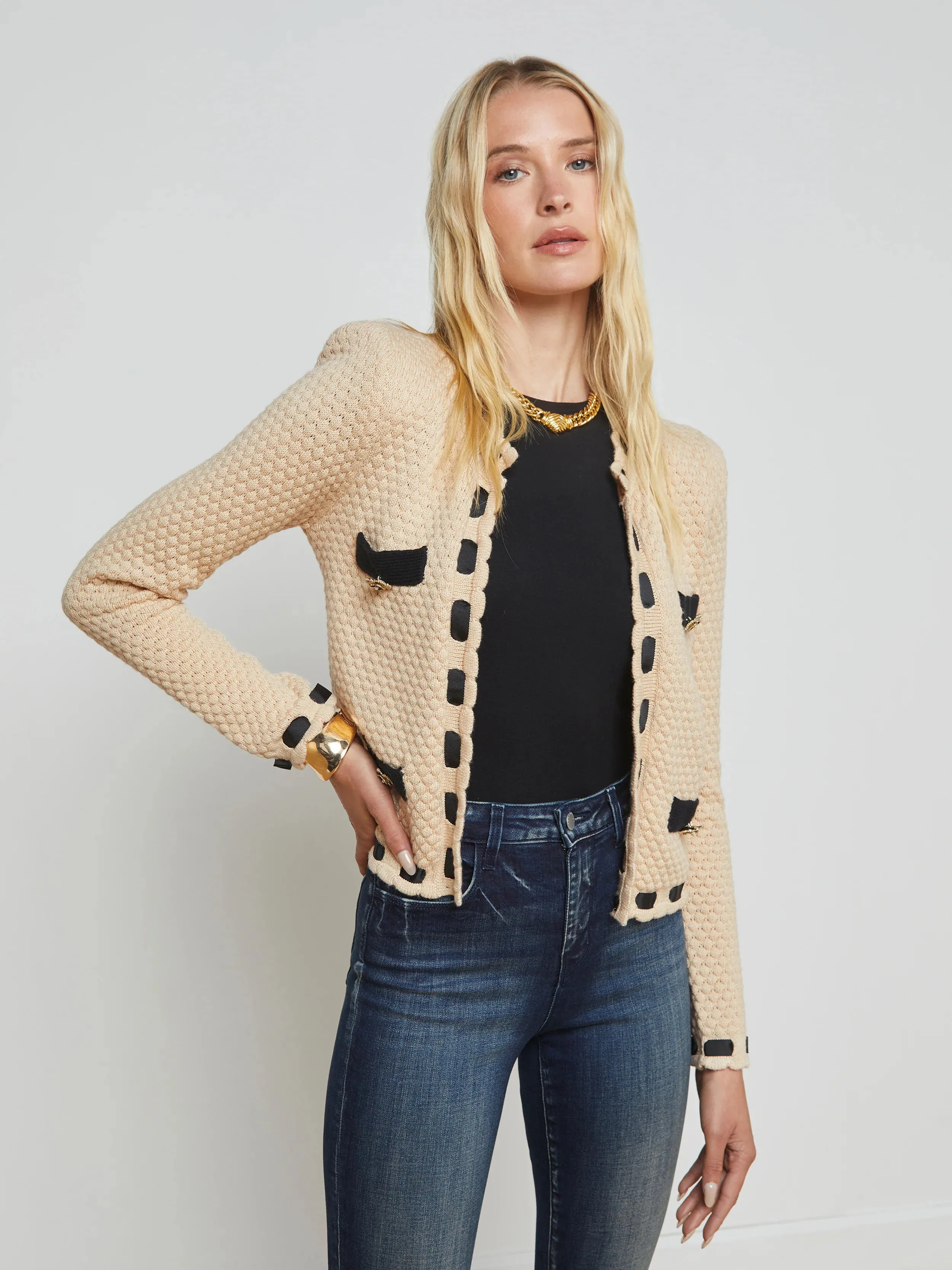 L'agence - Astor Contrast Trim Cardigan - Biscuit/Black sold by Jessie Boutique