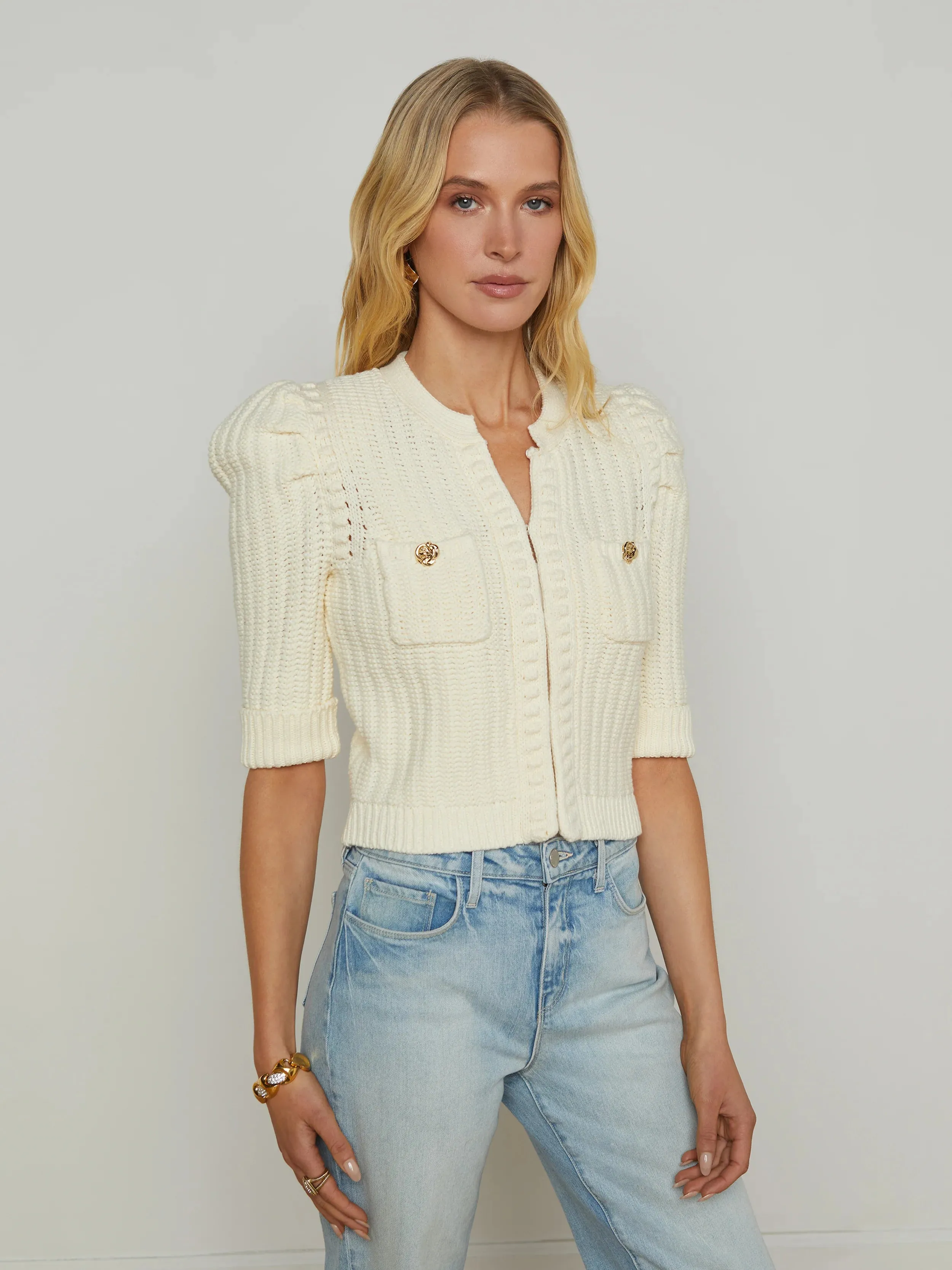 L’agence - Delilah Cropped Cardigan - Vintage White/Gold Knot sold by Jessie Boutique