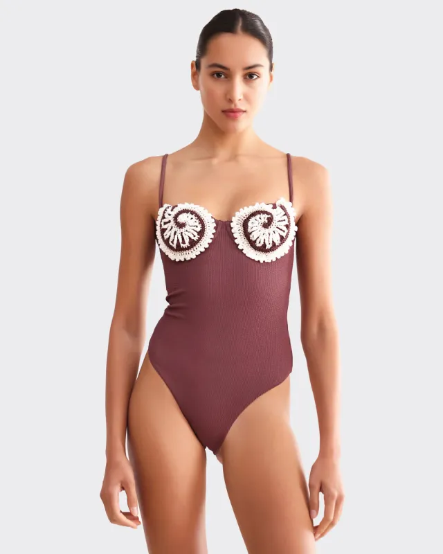Patbo - Merian Knit Embroidered Swimsuit - Brown sold by Jessie Boutique
