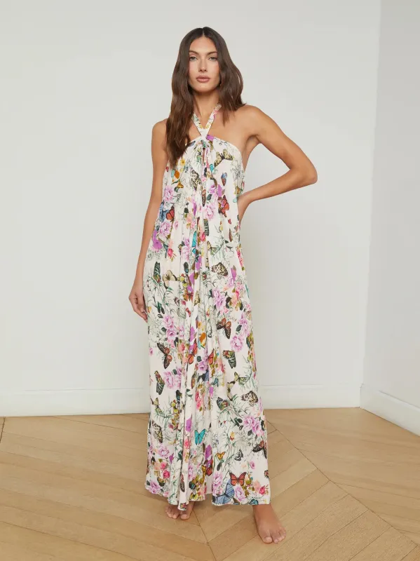 L'agence - Geneva Halter Maxi Dress - Vintage White Multi Charonda Butterfly sold by Jessie Boutique