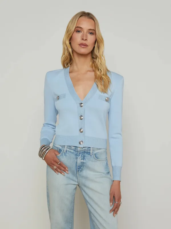 L'agence - Taya V-Neck Cardigan - Blue Fog Lurex/Nickel sold by Jessie Boutique