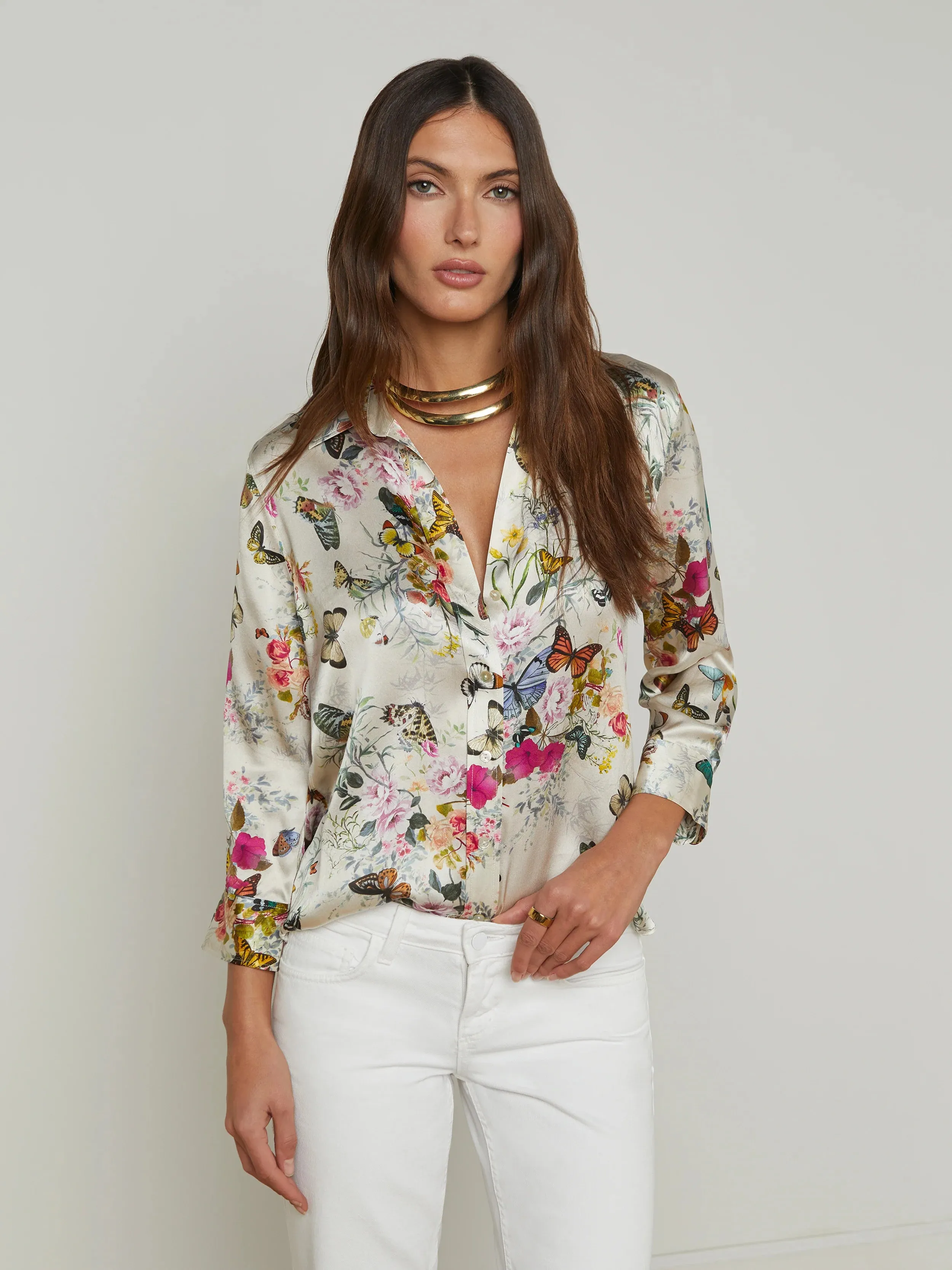 L'agence - Dani 3/4 Sleeve Blouse - White Multi Charonda Butterfly sold by Jessie Boutique