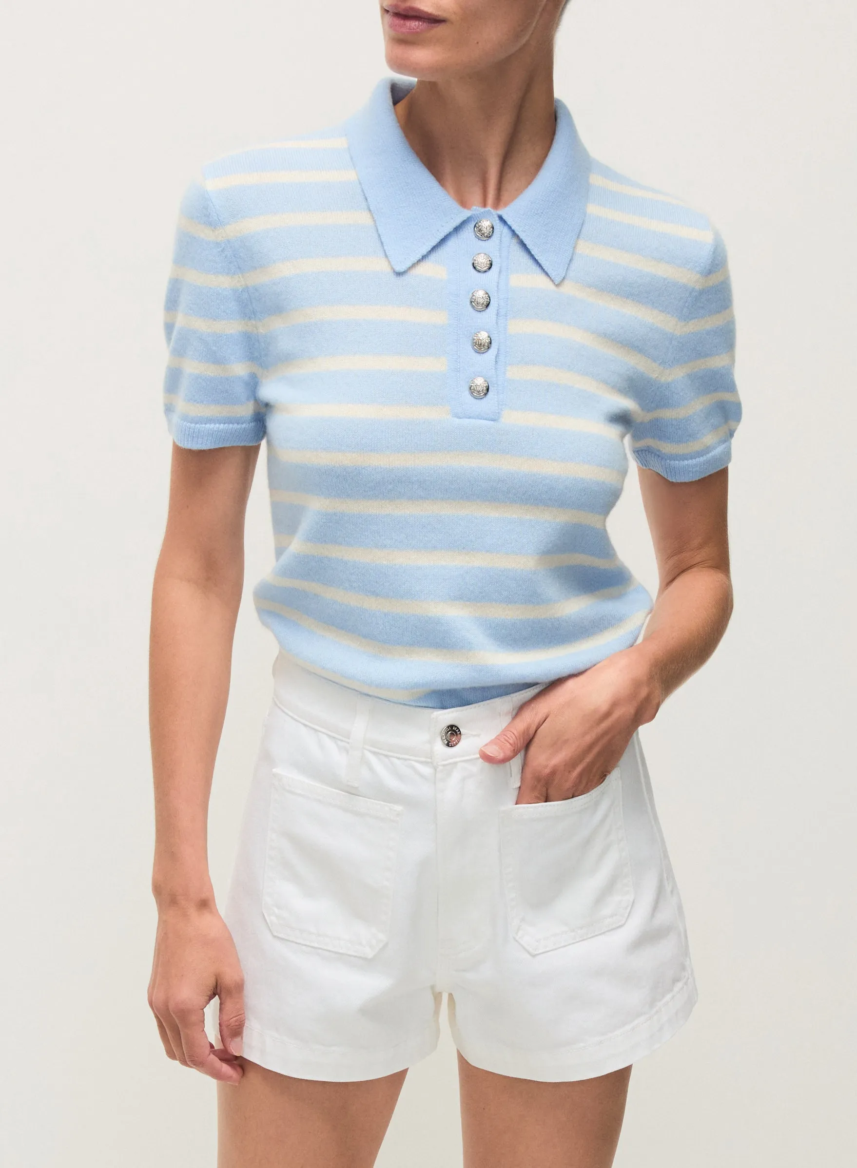 Veronica Beard - Brandt Striped Cashmere Polo - Bluebell/Ivory sold by Jessie Boutique