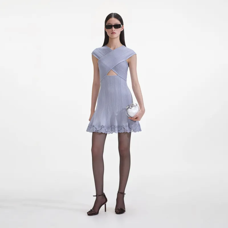 Self-portrait - Knit Lace Insert Mini Dress - Blue sold by Jessie Boutique