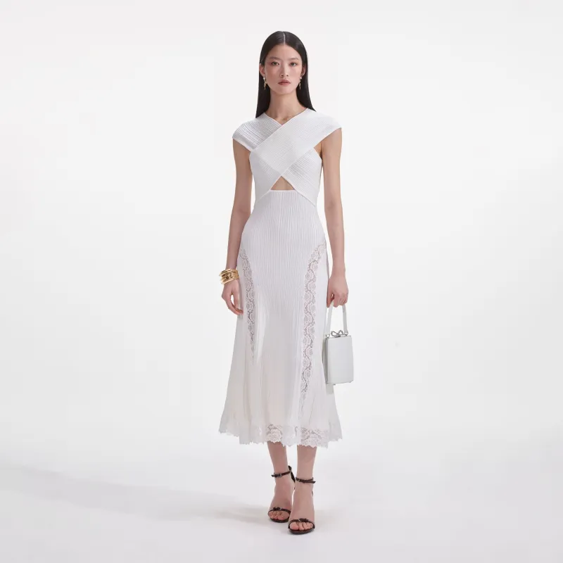 Self-portrait - Knit Lace Insert Midi Dress - White sold by Jessie Boutique