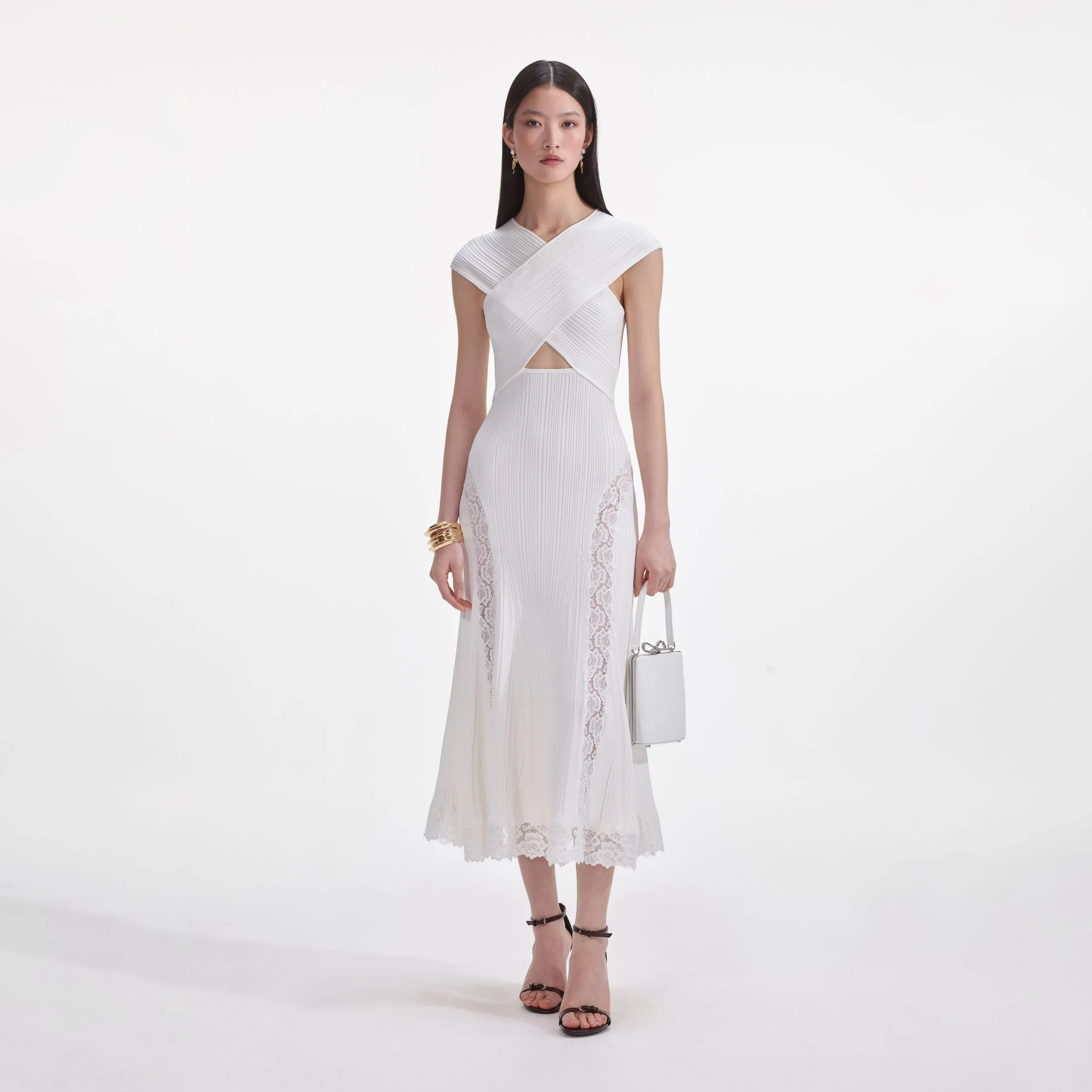 Self-portrait - Knit Lace Insert Midi Dress - White sold by Jessie Boutique
