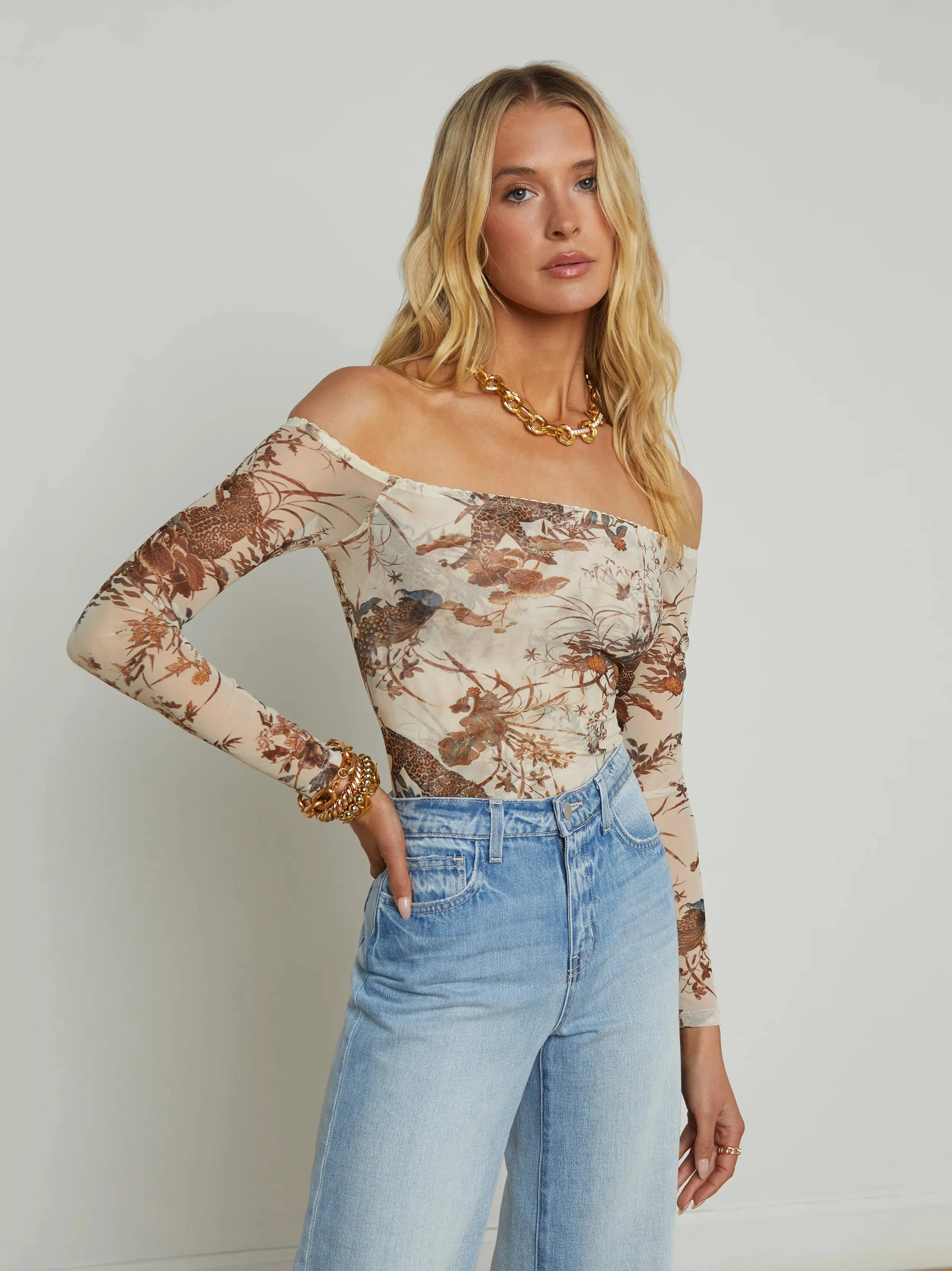 L’agence - Peonie Off-The-Shoulder Bodysuit - Ecru Multi Tapestry Jungle sold by Jessie Boutique
