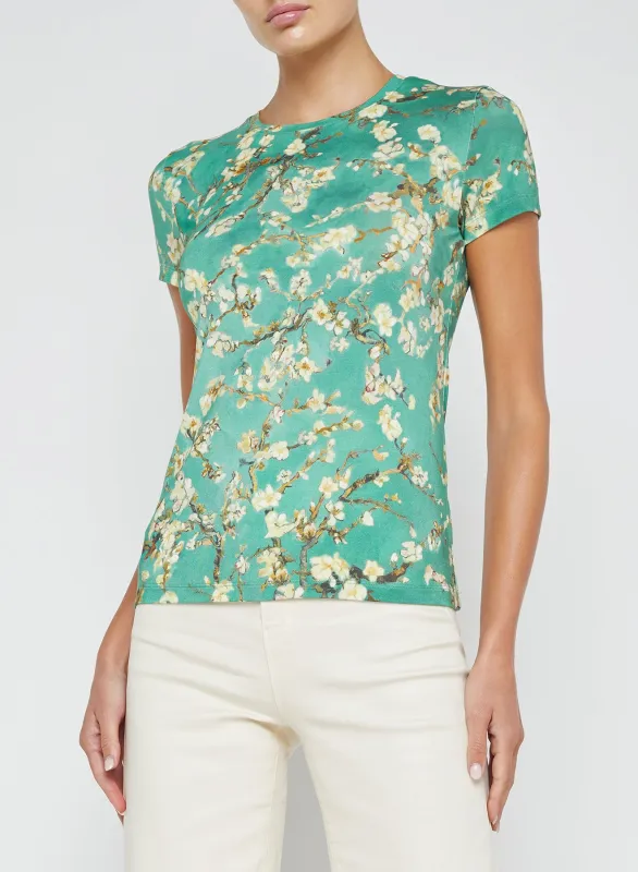 L’agence - Ressi Fitted Tee - Teal Multi Watercolor Cherry Blossom sold by Jessie Boutique