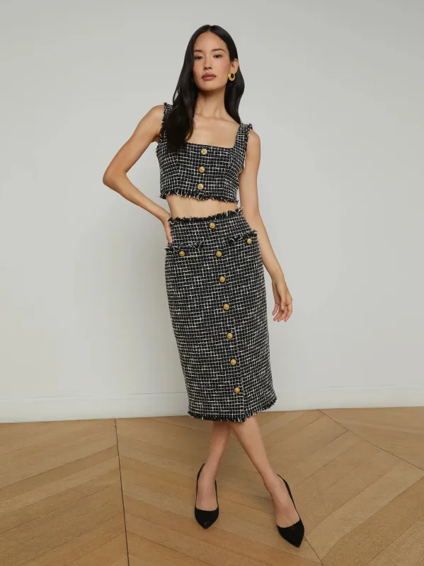L'agence - Tai Tweed Midi Skirt - Black/Ecru sold by Jessie Boutique