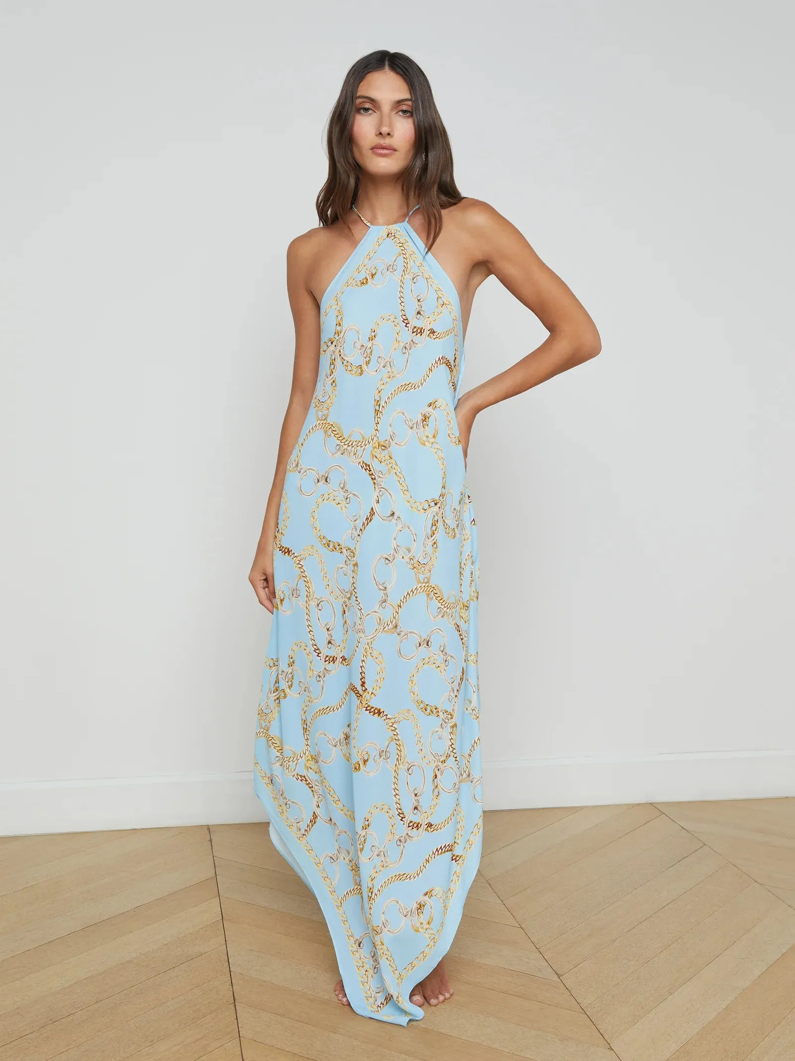 L'agence - Elise Halter Midi Dress - Sky Blue Multi Chain sold by Jessie Boutique