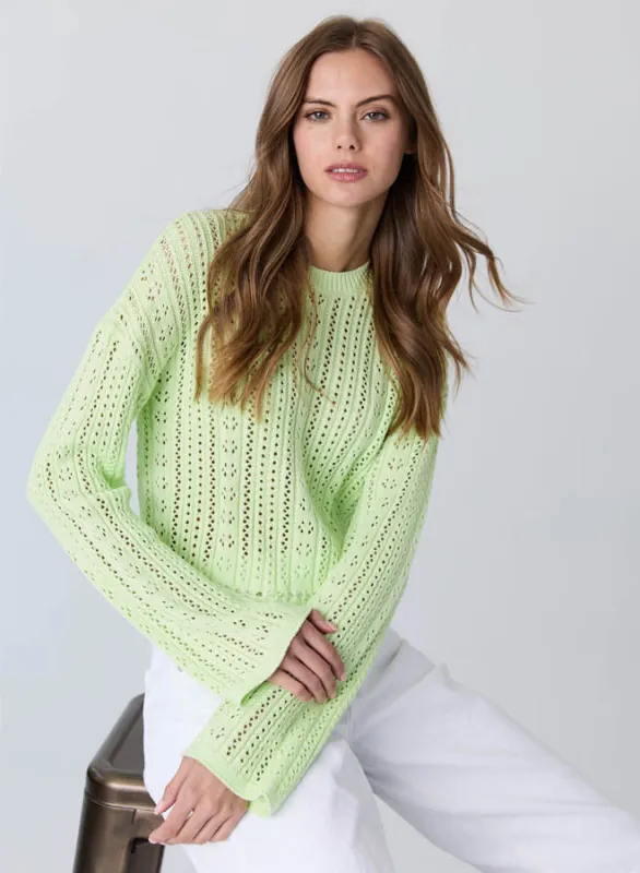 Autumn Cashmere - Cropped Bell Sleeve Pointelle Crew - Aloe sold by Jessie Boutique