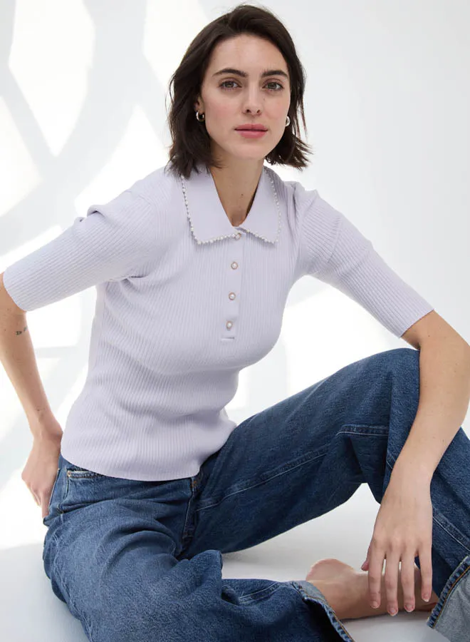 Autumn Cashmere - Pearl Trimmed Polo - Ice Lavender sold by Jessie Boutique