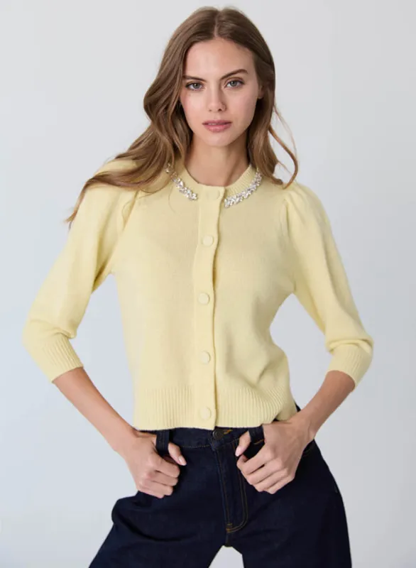 Autumn Cashmere - Rhinestone Trimmed Puff Sleeve Cardigan - Buttercup sold by Jessie Boutique