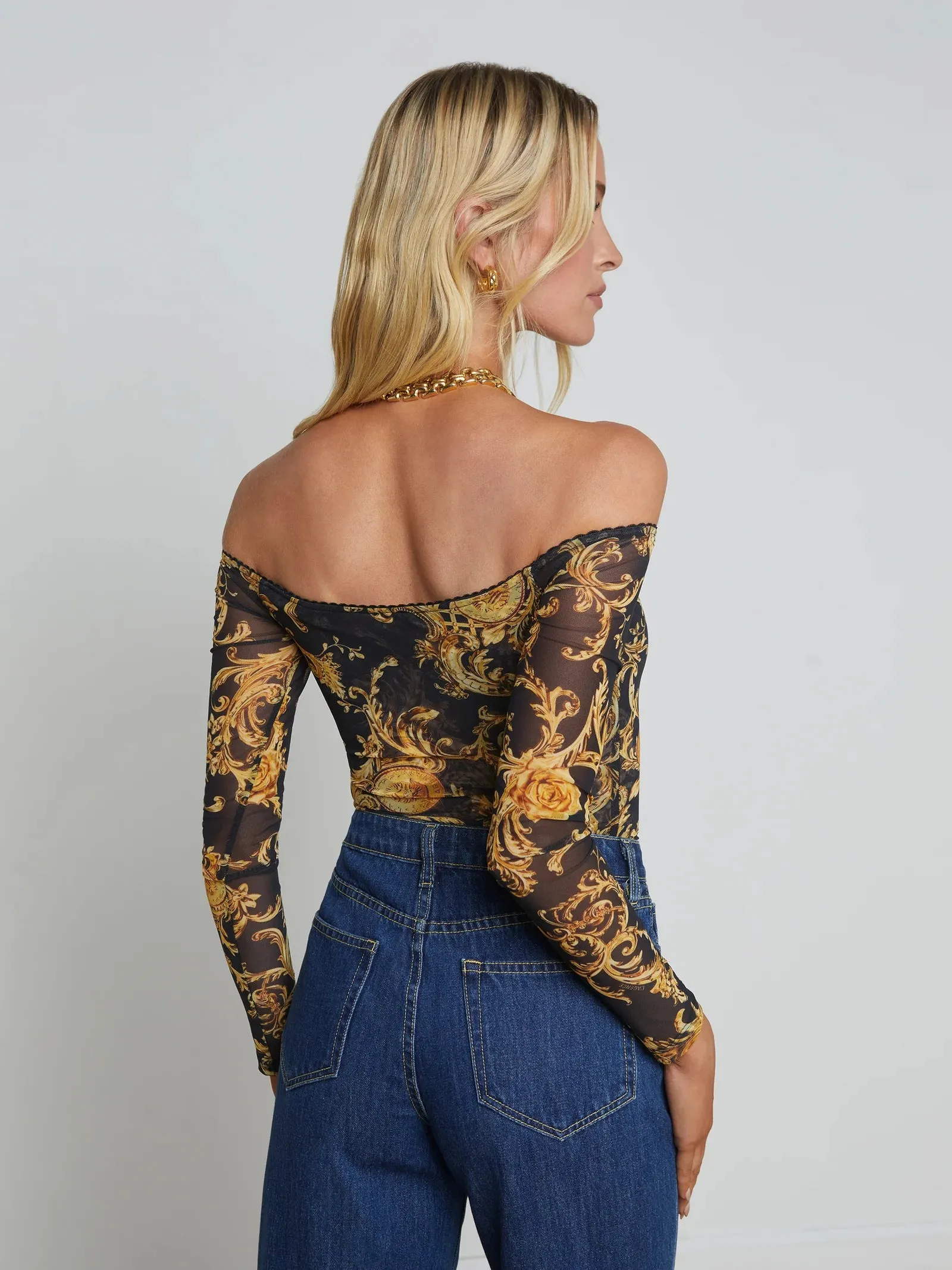 L'agence - Peonie Off-The-Shoulder Bodysuit - Black/Gold Barocco Swirl sold by Jessie Boutique product image thumbnail 2