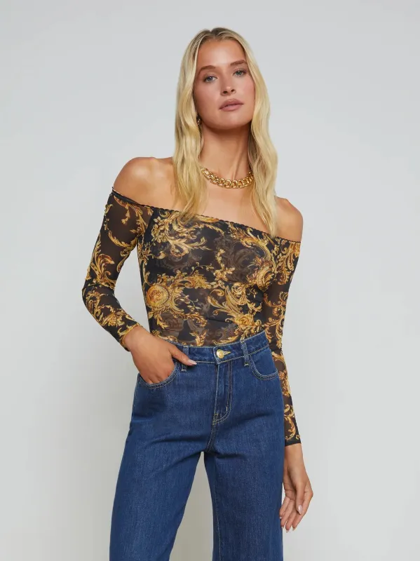 L'agence - Peonie Off-The-Shoulder Bodysuit - Black/Gold Barocco Swirl sold by Jessie Boutique