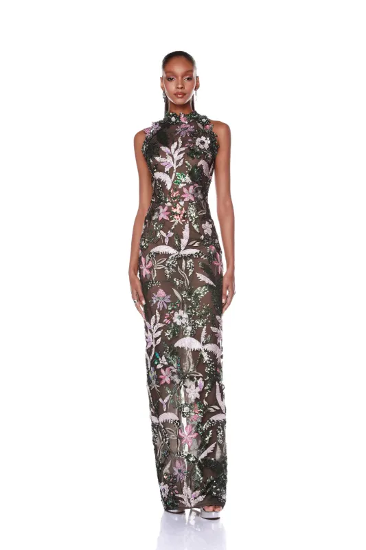 Bronx and Banco - Leona Embroidered Halterneck Gown - Silver Multi made by Jessie Boutique