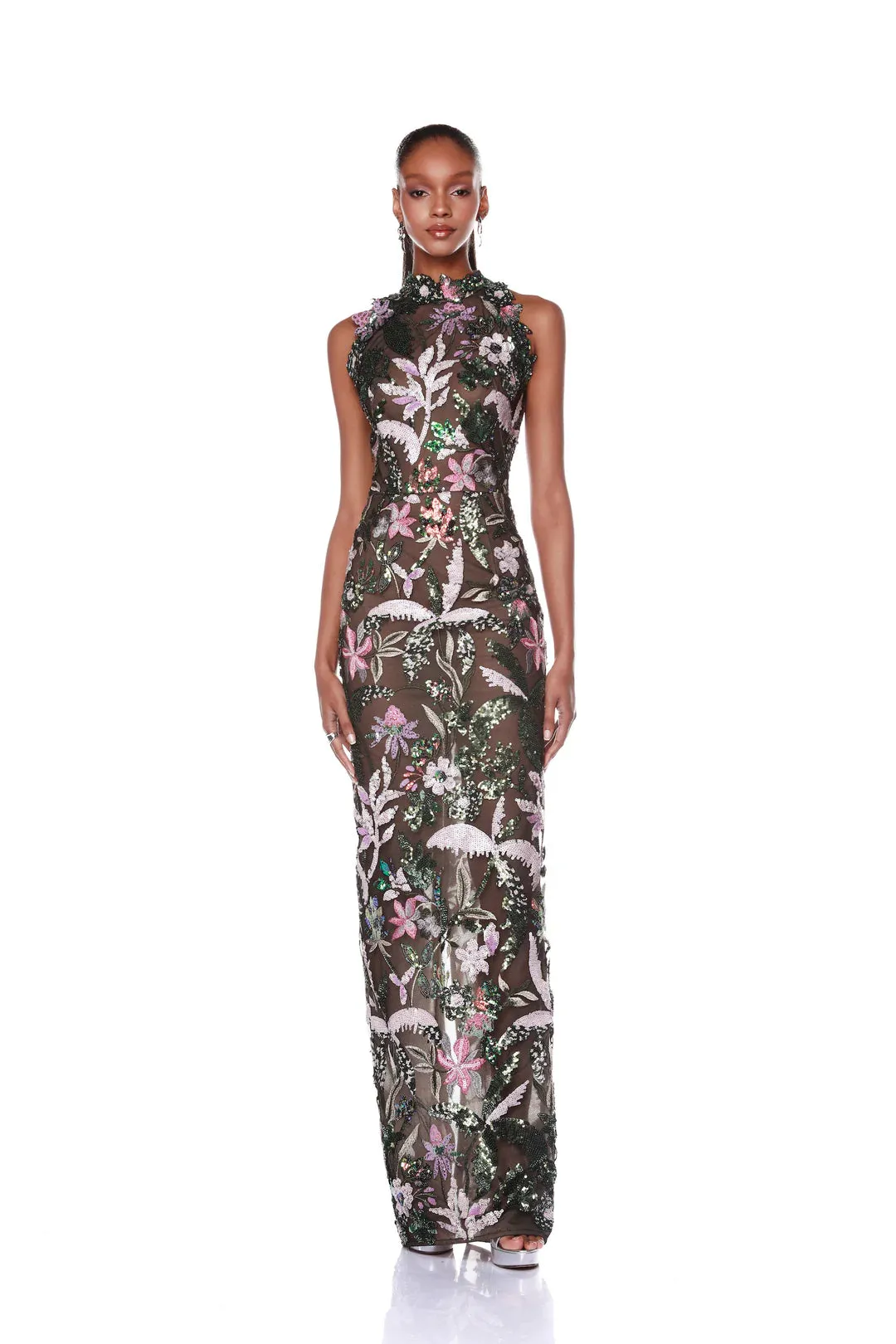 Bronx and Banco - Leona Embroidered Halterneck Gown - Silver Multi sold by Jessie Boutique