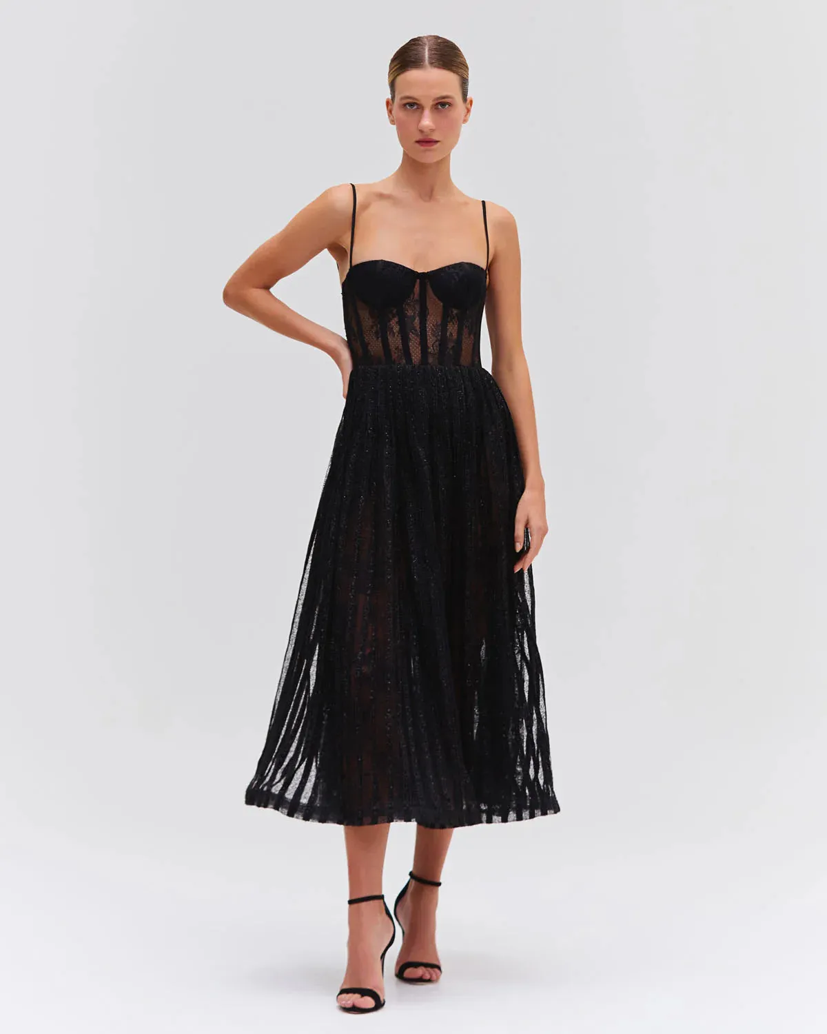 Patbo - Lurex Tulle Bustier Midi Dress - Black sold by Jessie Boutique