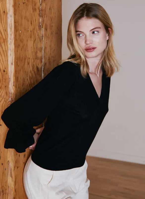 Autumn Cashmere - 3/4 Sleeve Ruffle Sleeve V - Black sold by Jessie Boutique