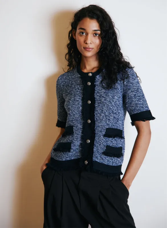 Autumn Cashmere - Short Sleeve Fringe Trimmed Jacket - Navy Blue Combo sold by Jessie Boutique