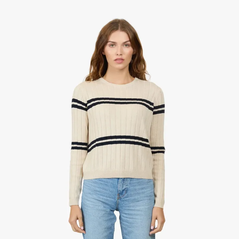 Autumn Cashmere - Cropped Panel Rib Crew - Natural/Navy Blue sold by Jessie Boutique