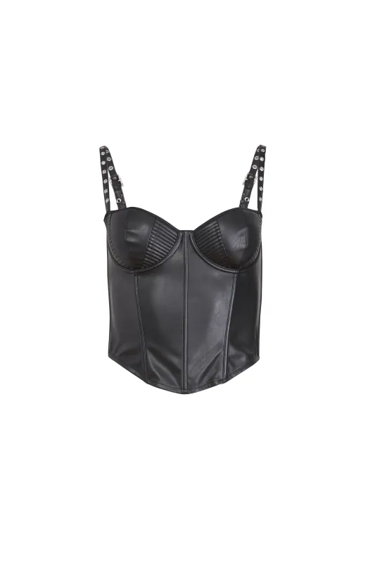 Fleur Du Mal - Vegan Leather Grommet Bustier Top - Black made by Fleur du Mal