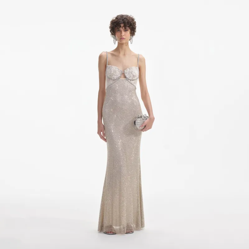 Self-portrait - Rhinestone Mesh Maxi Dress - Cream sold by Jessie Boutique