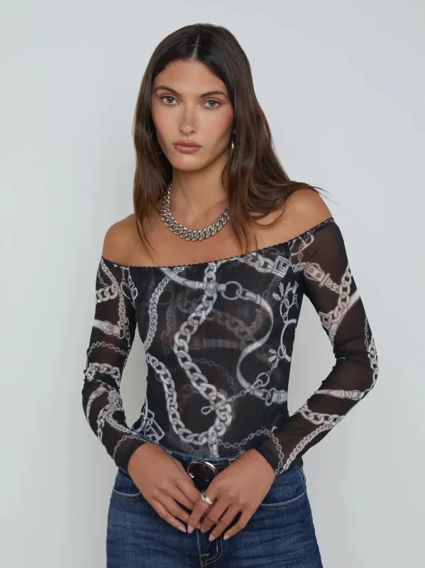 L’agence - Peonie Off the Shoulder Bodysuit - Black/White Buckle Chain sold by Jessie Boutique