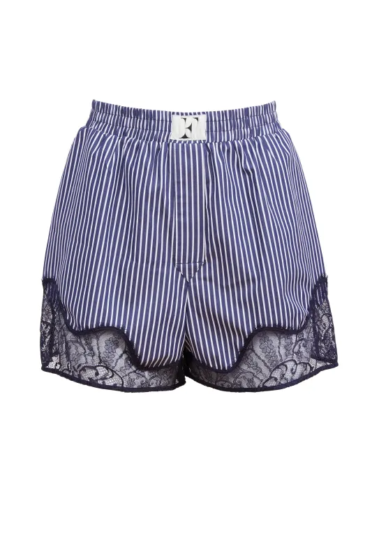 Fleur Du Mal - Cotton Poplin and Lace Boxer - Navy Stripe sold by Jessie Boutique