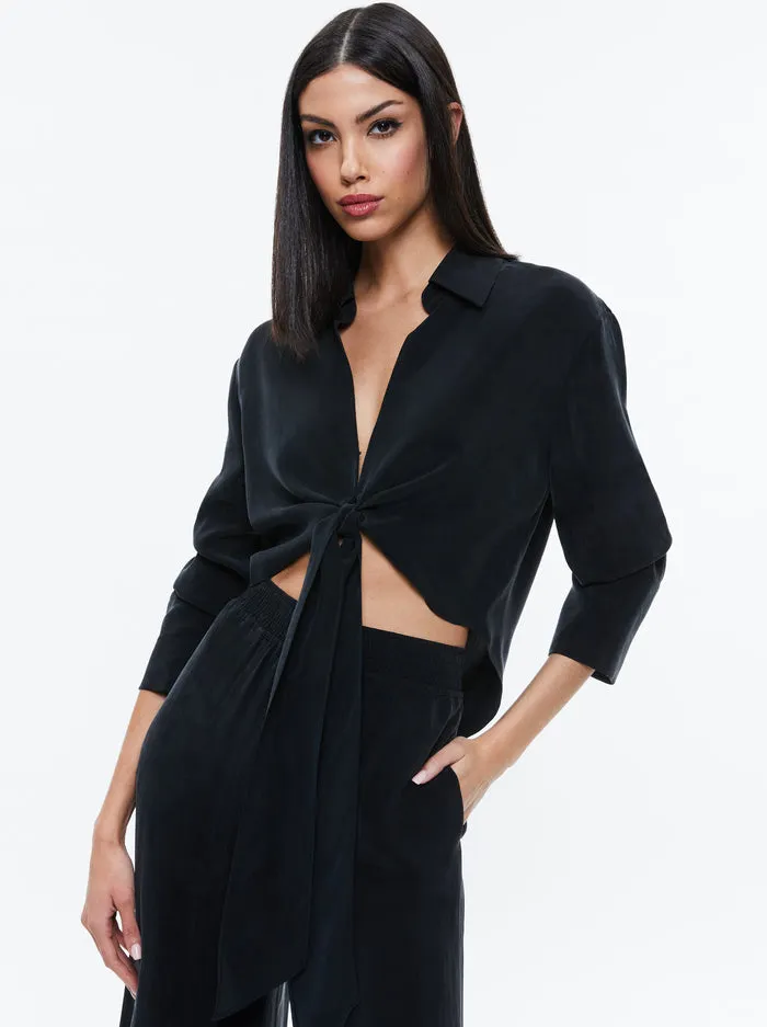 Alice + Olivia - Hannon Tie Front Button Down - Black sold by Jessie Boutique